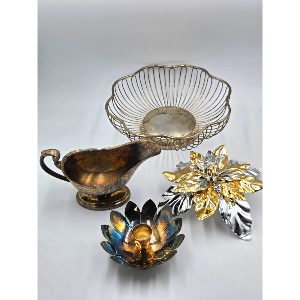 Dept 56 Silverplate Mixed Lot Wire Fruit Basket & Gravy Boat, Poinsettia